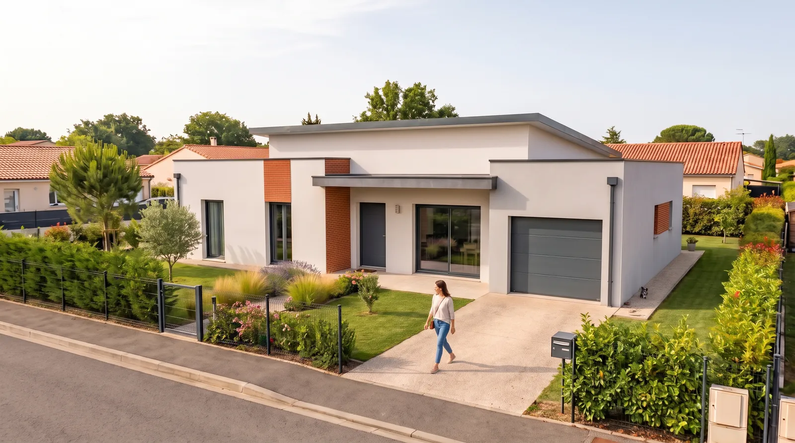 Façade d'un projet de maison de plain-pied de 85 m² sur un terrain d'environ 660 m² à Aussonne