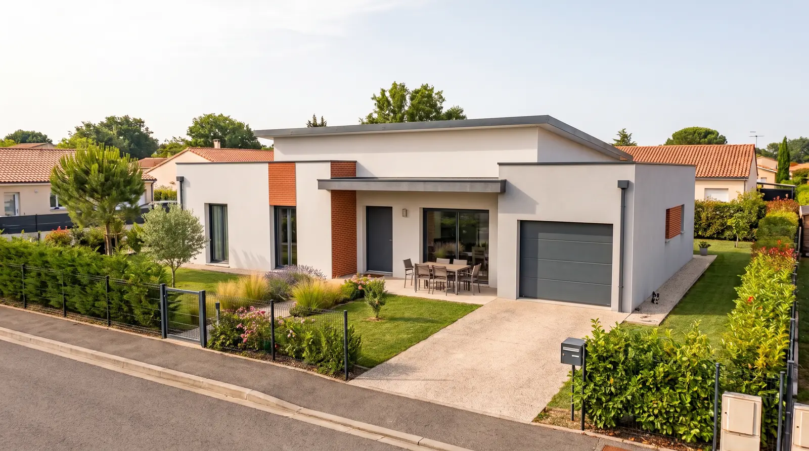 Façade et garage d'un projet de maison de plain-pied de 85 m² sur un terrain d'environ 660 m² à Aussonne