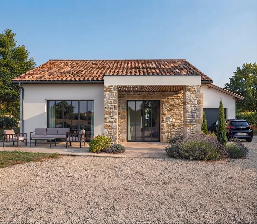 Maison neuve à Buzet-sur-Tarn : façade en pierre, 95 m² habitables conçus sur-mesure
