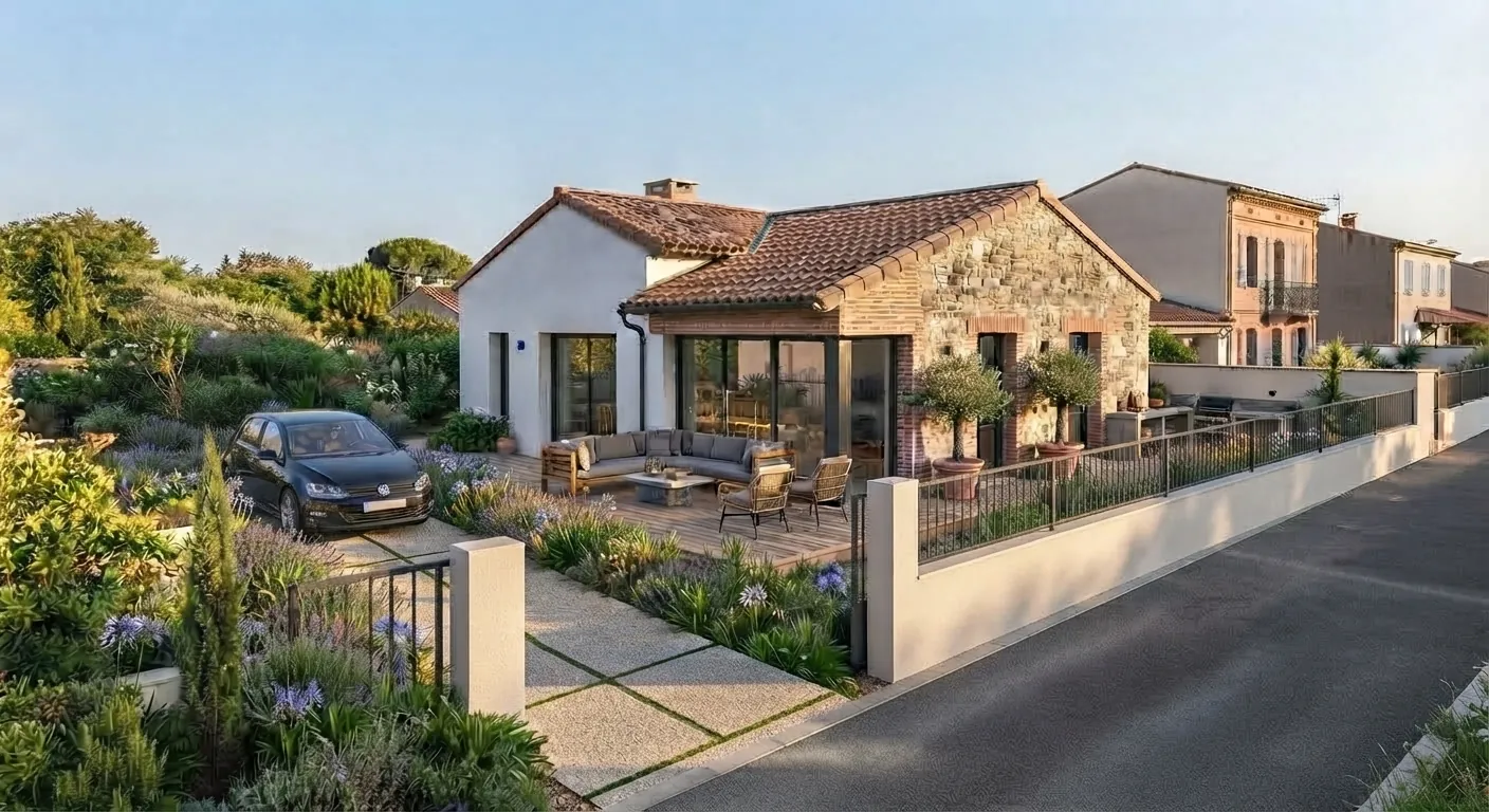 Vue depuis la rue d'une maison de plain-pied de 85 m² à Castelginest (31780), projet terrain + maison