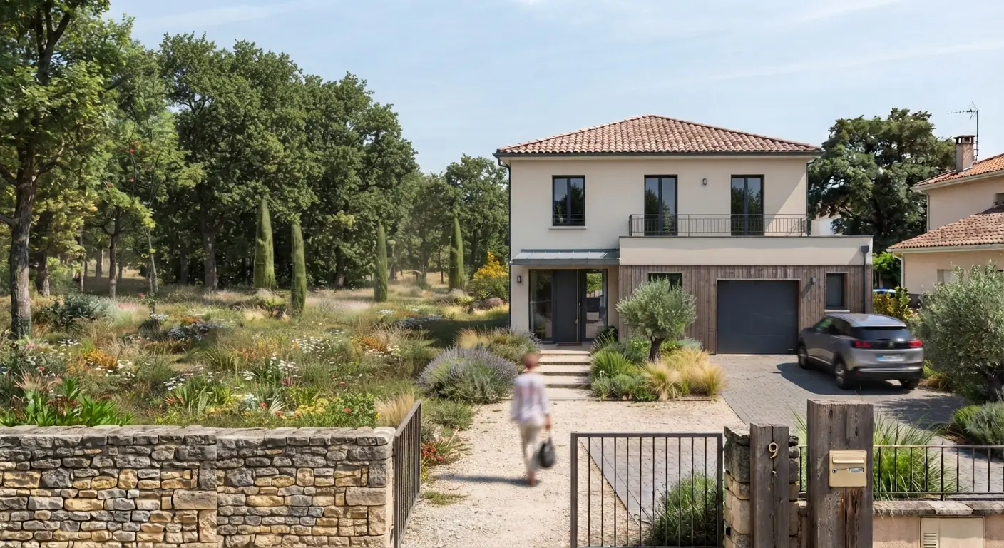 Façade et garage : maison à étage de 100 m² à construire à Castelnau-d'Estrétefonds (Haute-Garonne)