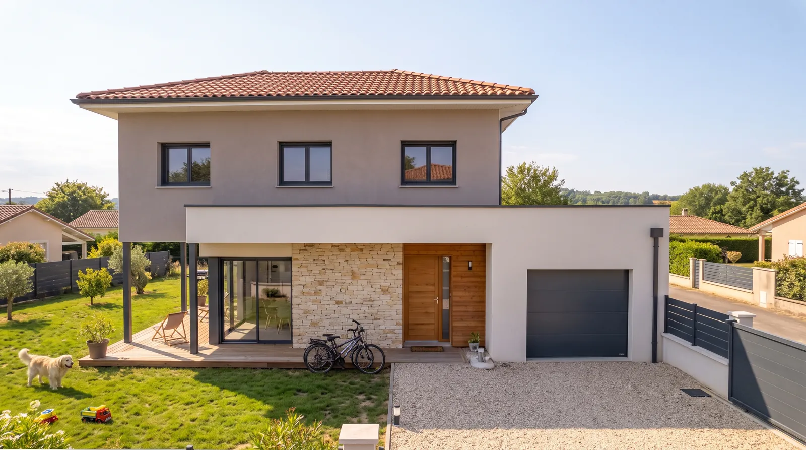 Façade et garage d'un projet de maison à étage de 95 m² sur un terrain d'environ 650 m² à Gaillac