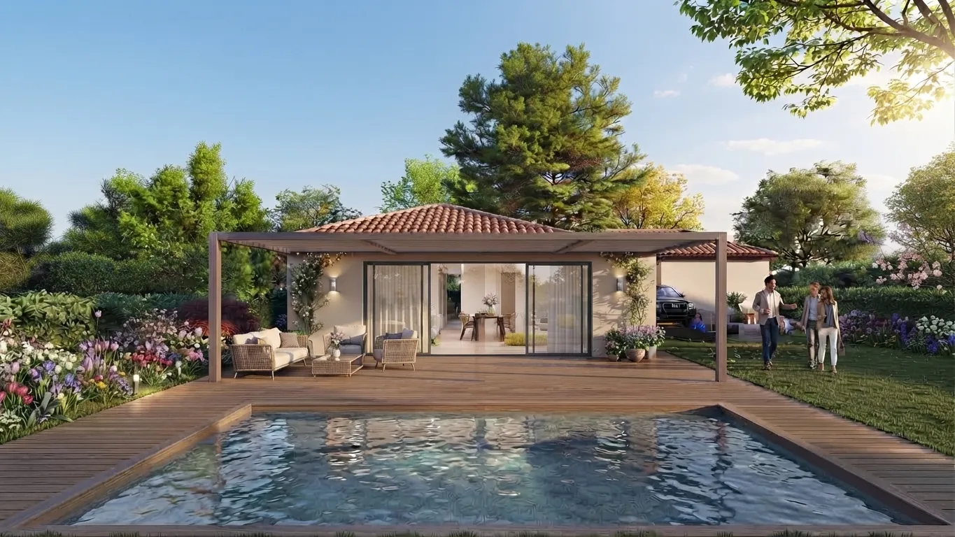 Piscine d'un projet de maison de plain-pied de 130 m² sur un terrain d'environ 500 m² à Gragnague