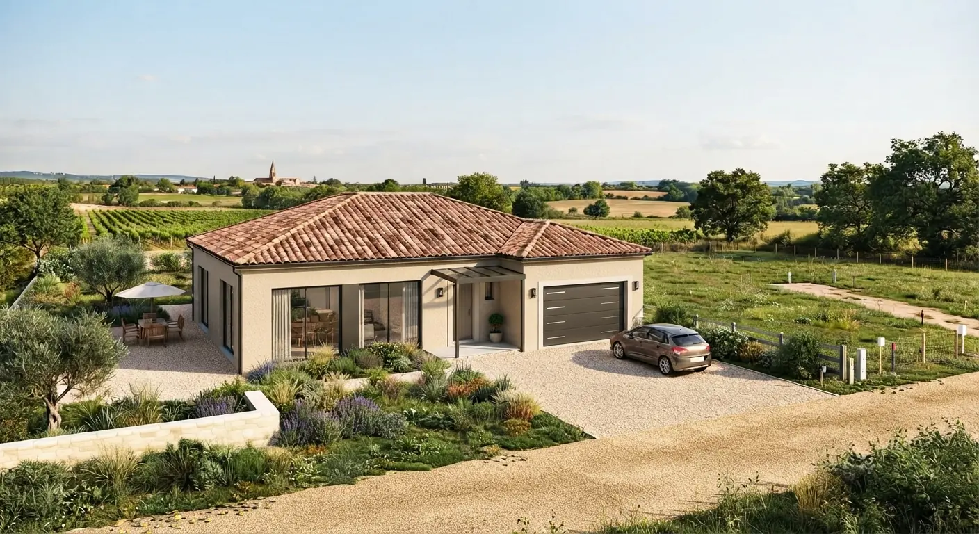 Vue aérienne d'un projet de maison de plain-pied de 85 m² sur un terrain d'environ 600 m² à Grenade