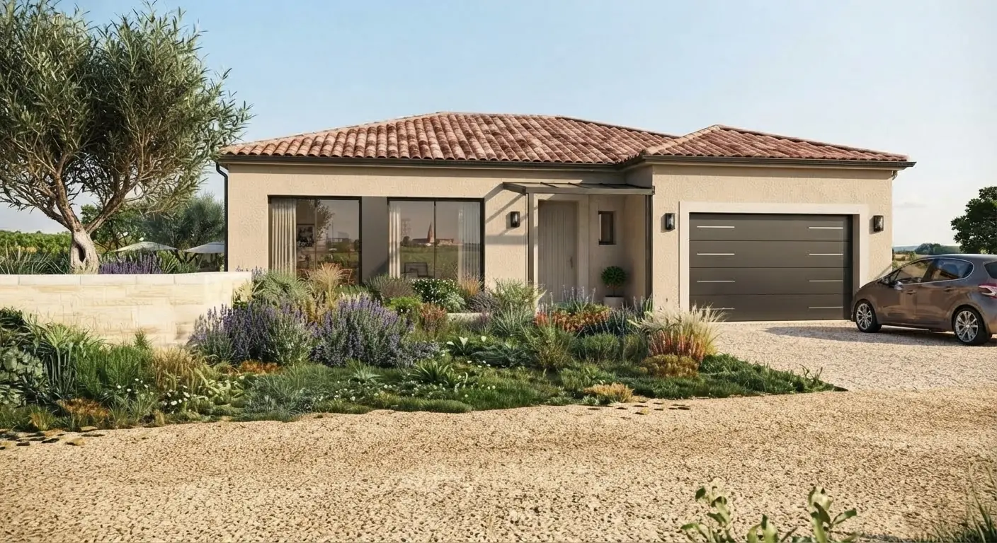 Façade et garage : maison de plain-pied de 95 m² à construire à Lagrave (Tarn)