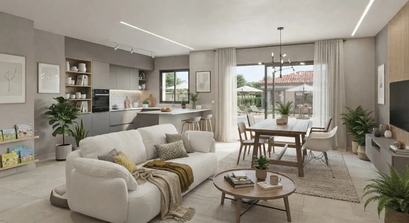 Maison neuve à Lauzerville : séjour, 90 m² habitables conçus sur-mesure