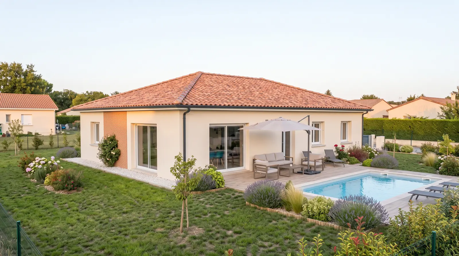 Piscine d'un projet de maison de plain-pied de 85 m² sur un terrain d'environ 500 m² à Léguevin