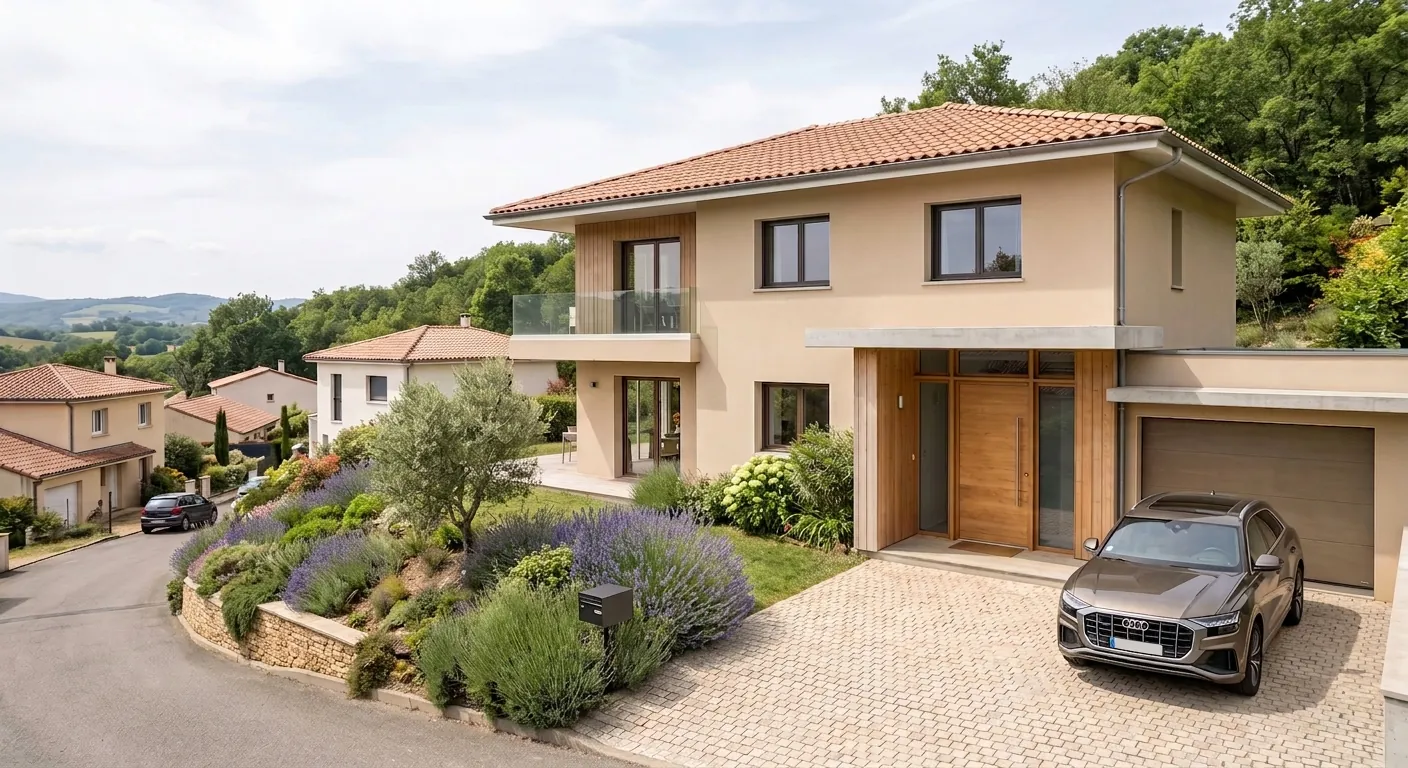 Maison neuve à Lescure-d'Albigeois : façade, 95 m² habitables conçus sur-mesure