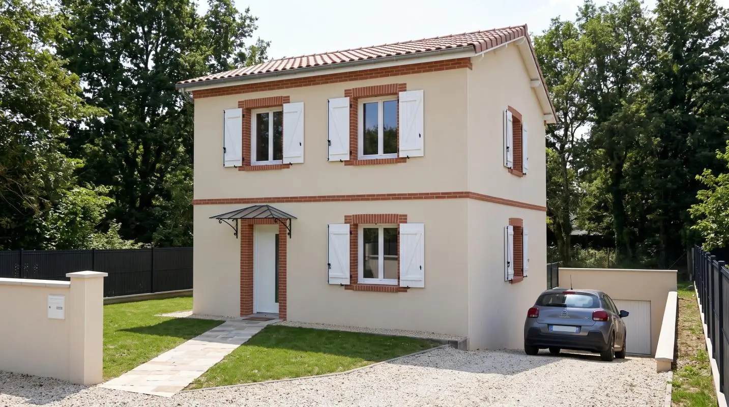 Façade et garage d'un projet de maison à étage de 90 m² sur un terrain d'environ 400 m² à Montberon