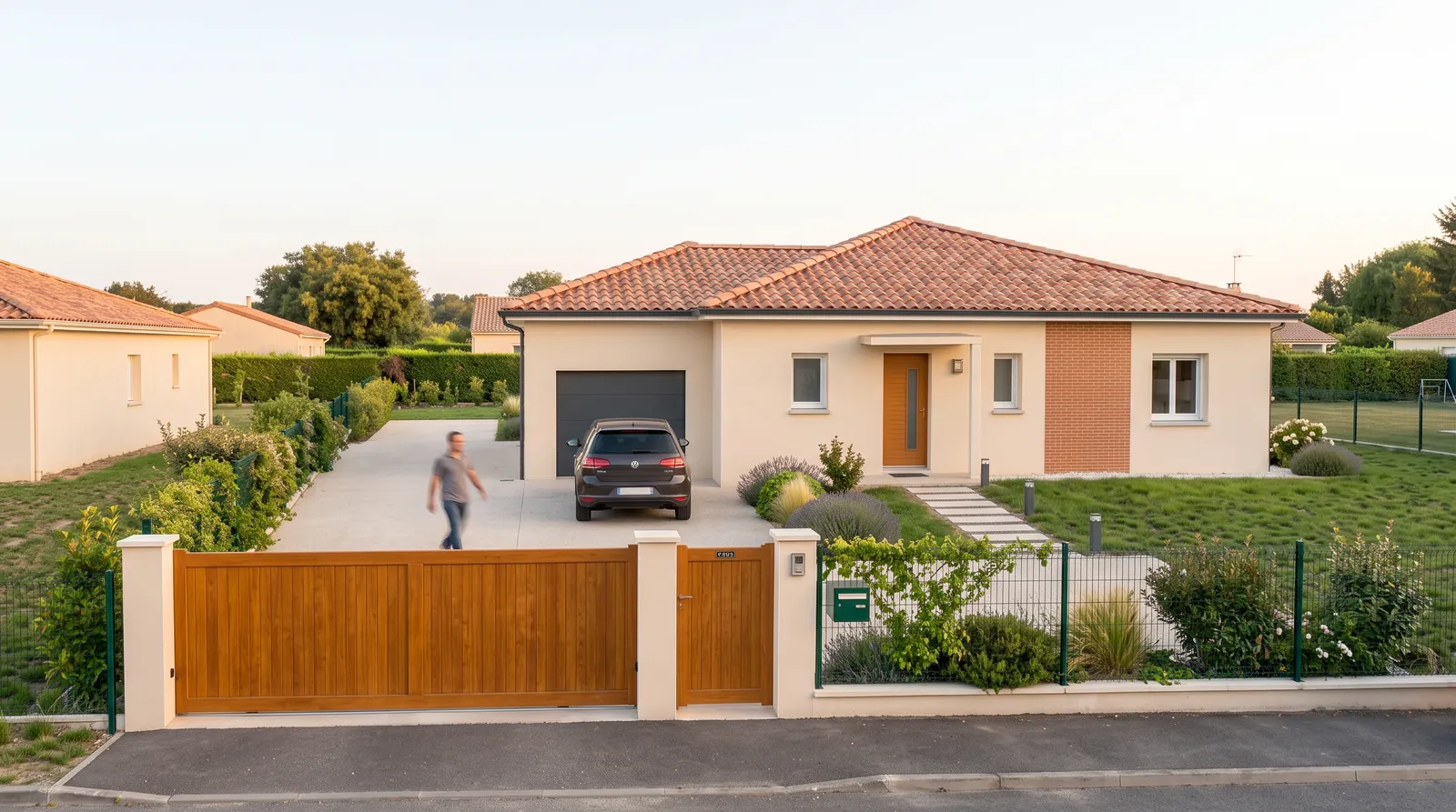 Vue depuis la rue d'un projet de maison de plain-pied de 85 m² sur un terrain d'environ 460 m² à Montlaur