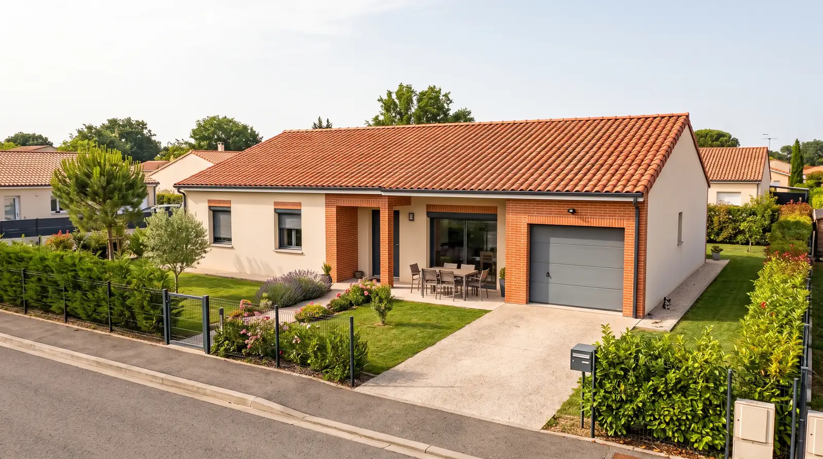 Façade et garage d'un projet de maison de plain-pied de 85 m² sur un terrain d'environ 520 m² à Orgueil