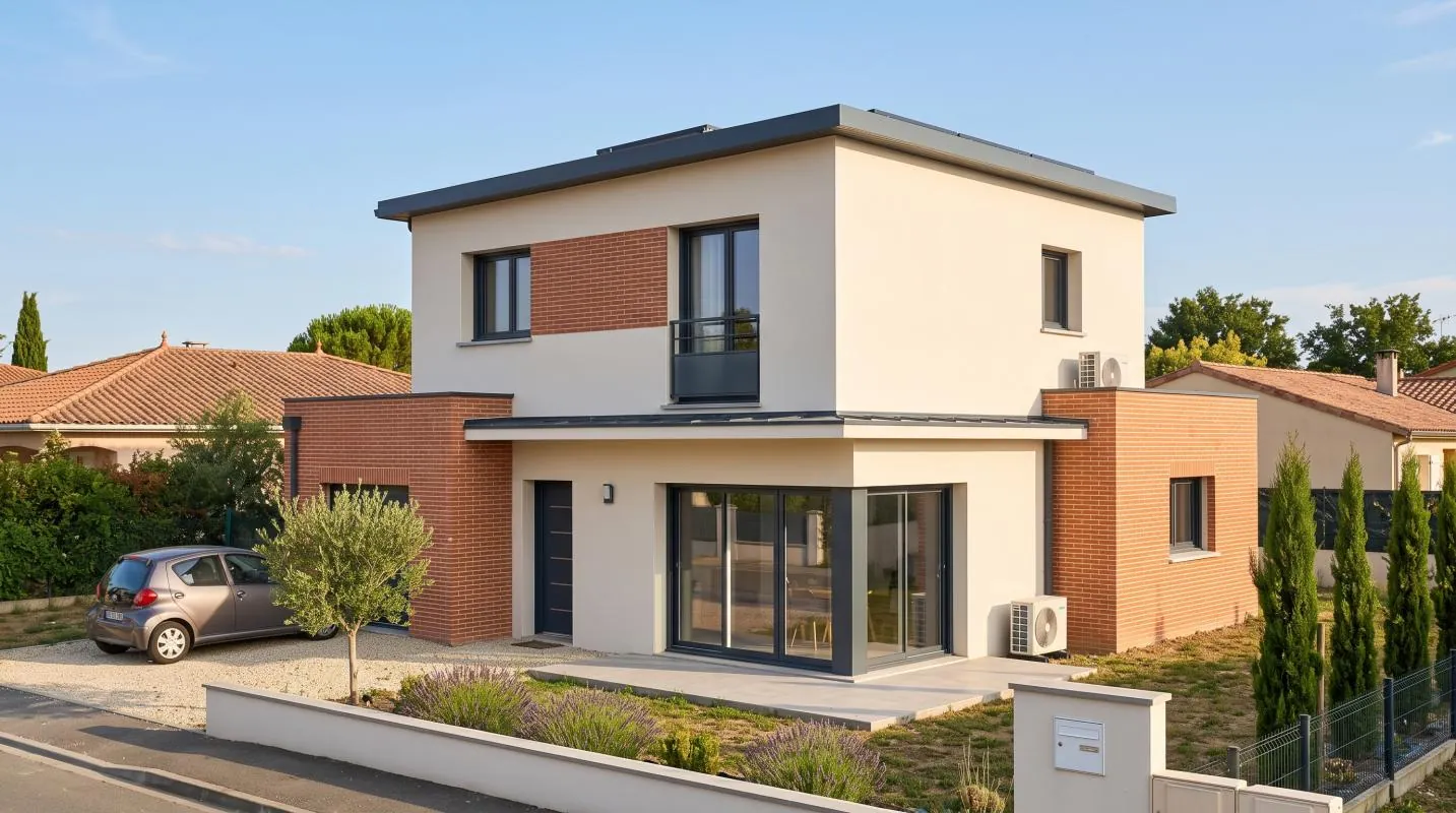 Façade d'un projet de maison à étage de 85 m² sur un terrain d'environ 900 m² à Pechbonnieu