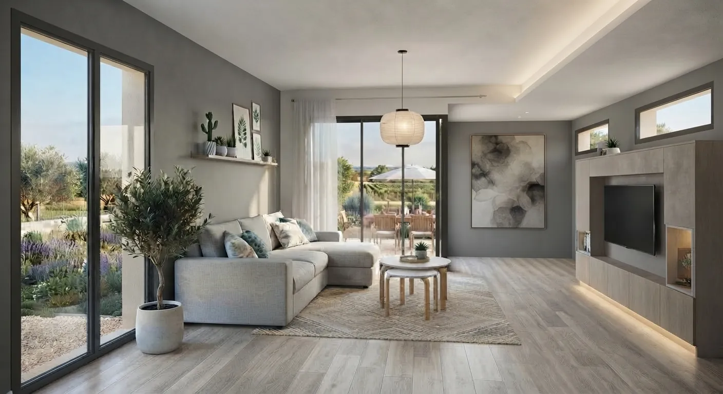 Séjour : maison de plain-pied de 90 m² à construire à Pompertuzat (Haute-Garonne)