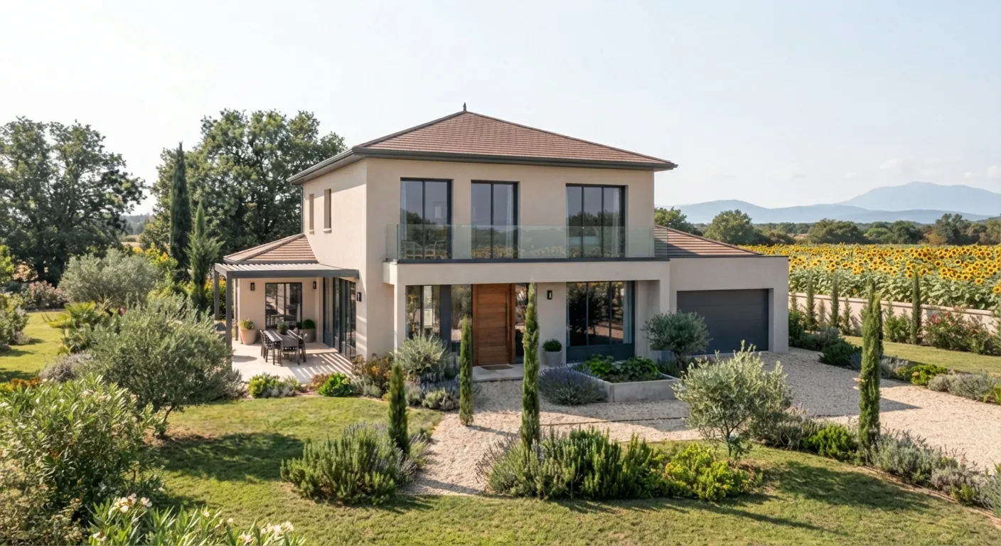 Façade d'un projet de maison à étage de 95 m² sur un terrain d'environ 600 m² à Puygouzon