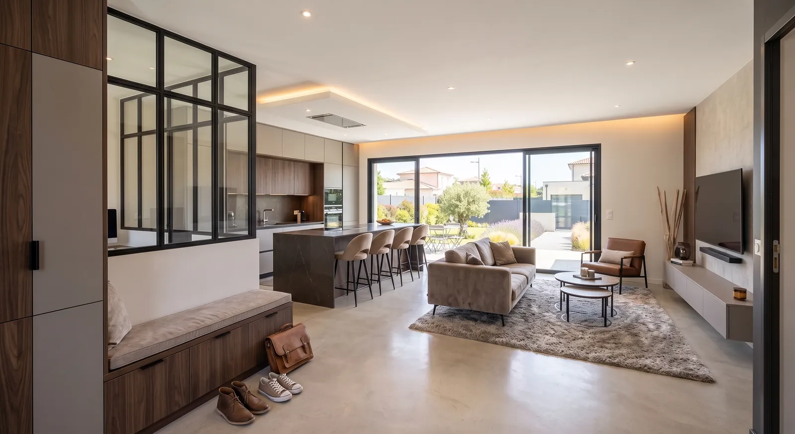 Séjour d'un projet de maison de plain-pied de 85 m² sur un terrain d'environ 460 m² à Saint-Alban