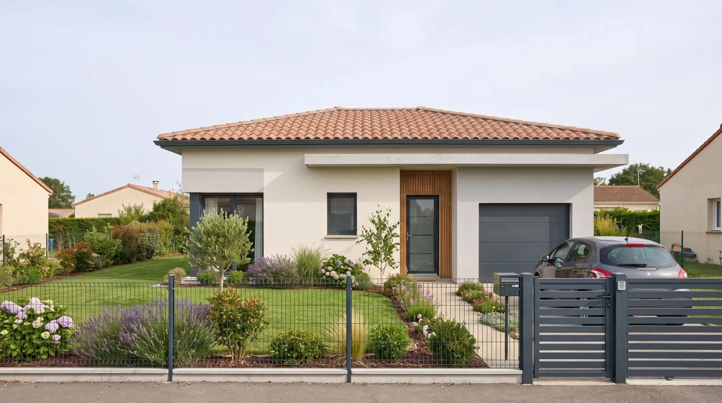 Maison neuve à Saint-Jory : façade et garage, 95 m² habitables conçus sur-mesure