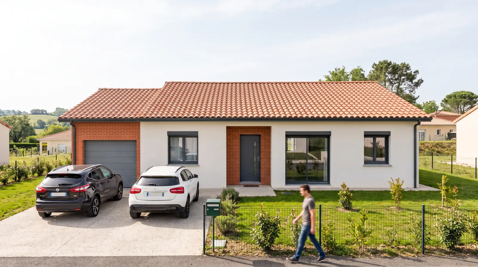 Façade et garage d'un projet de maison de plain-pied de 95 m² sur un terrain d'environ 1080 m² à Saïx