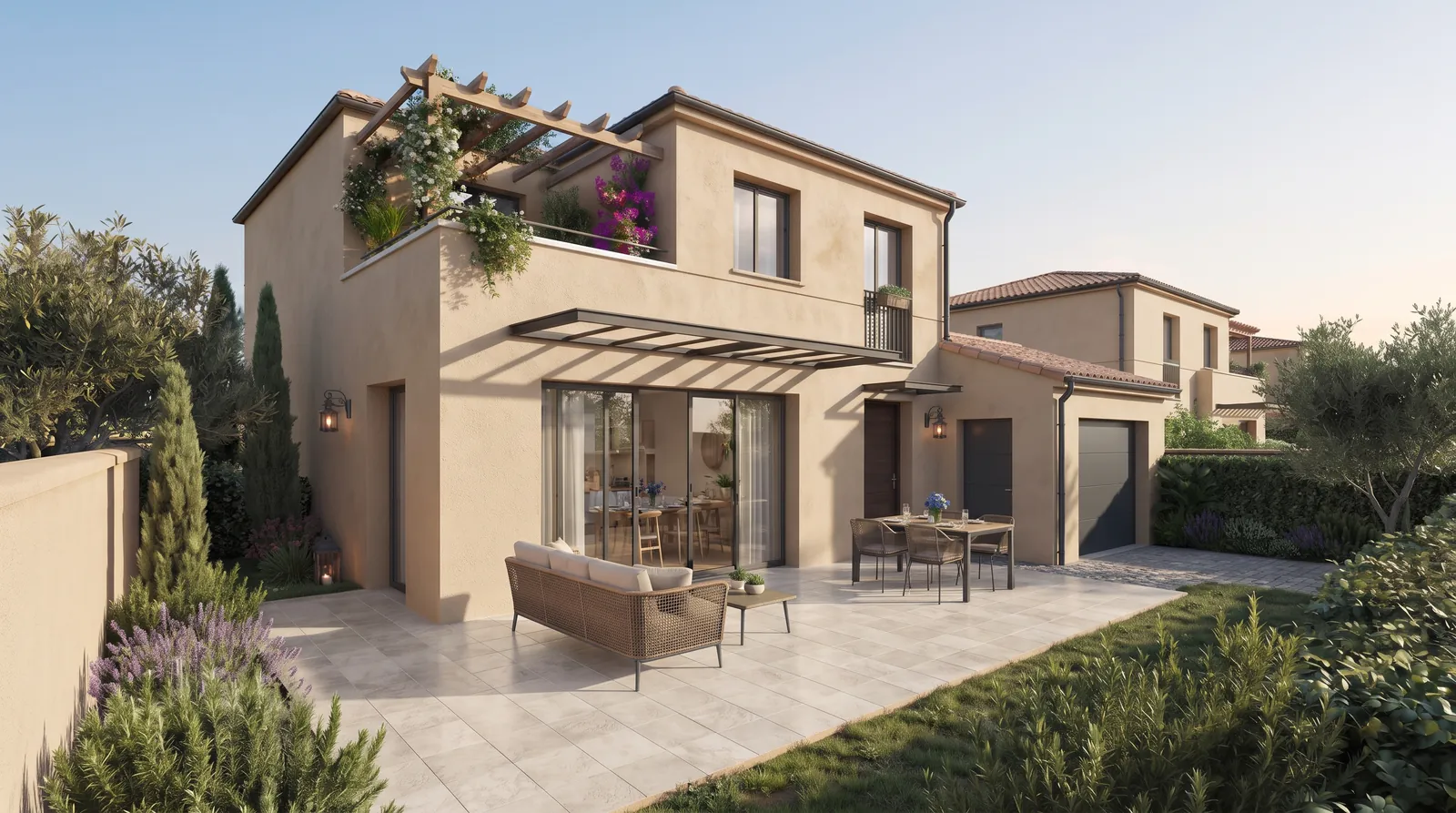 Terrasse d'un projet de maison à étage de 95 m² sur un terrain d'environ 560 m² à Soual