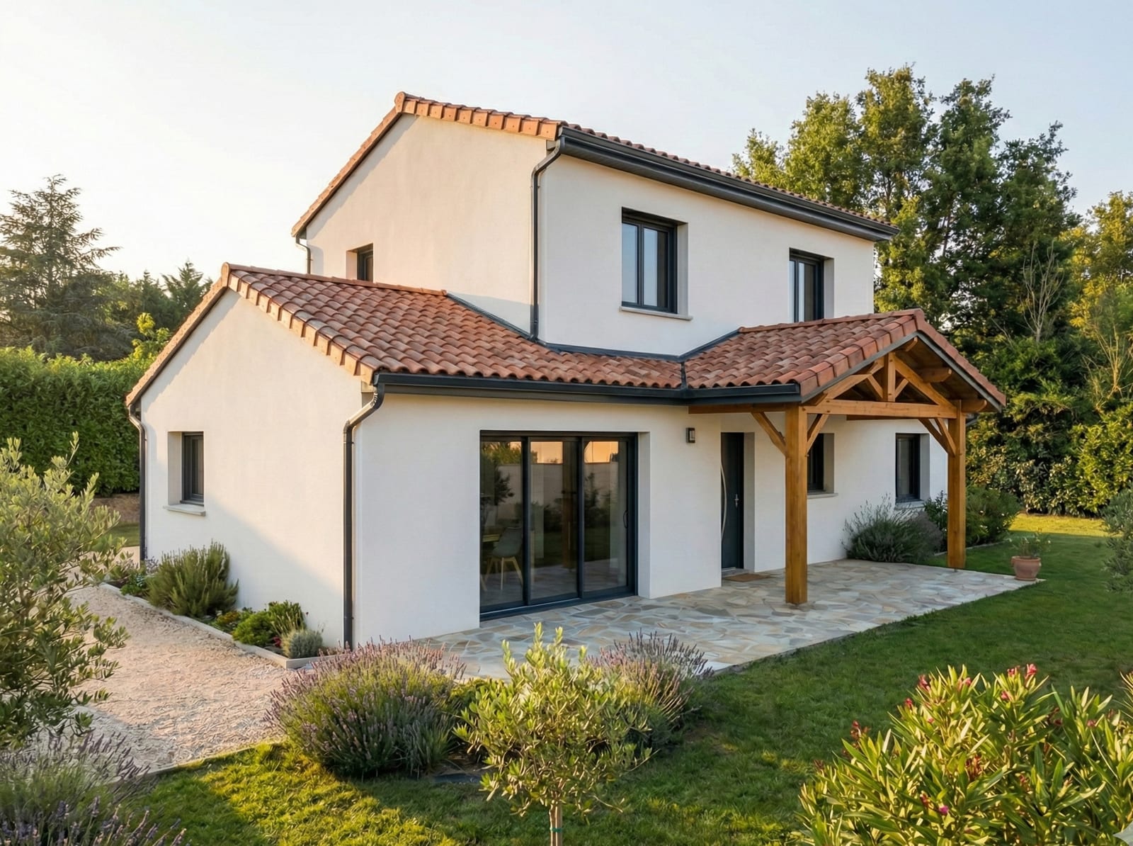 Maison à étage avec auvent en bois en Haute-Garonne dans un projet de construction de maison individuelle Maison à étage avec auvent en bois en Haute-Garonne dans un projet de construction de maison individuelle